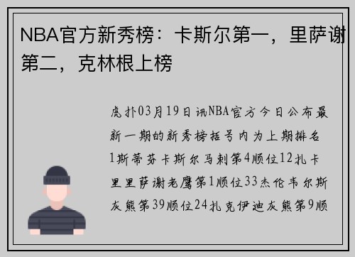 NBA官方新秀榜：卡斯尔第一，里萨谢第二，克林根上榜