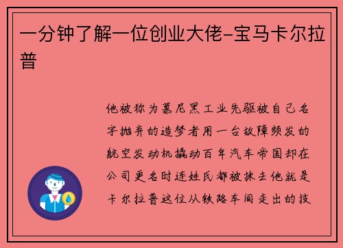 一分钟了解一位创业大佬-宝马卡尔拉普